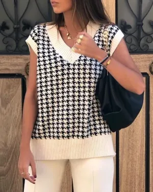 Houndstooth V-neck Knitted Vest Sweaters