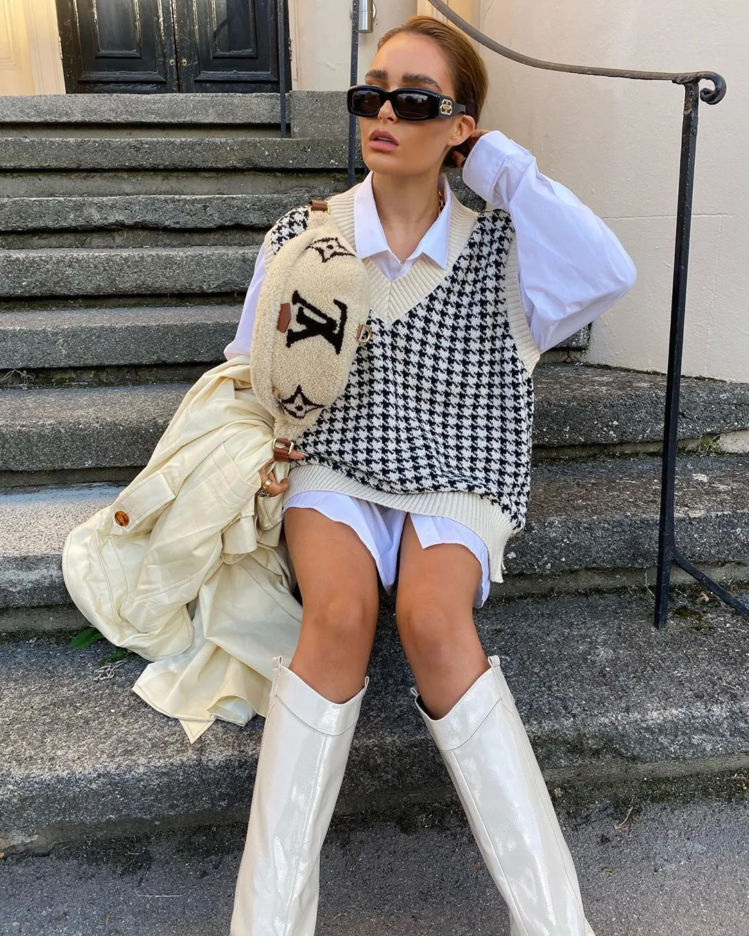 Houndstooth V-neck Knitted Vest Sweaters