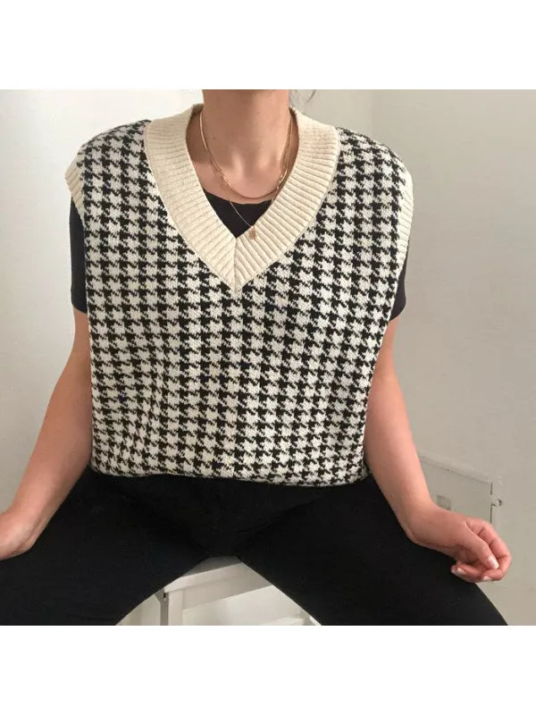 Houndstooth V-neck Knitted Vest Sweaters