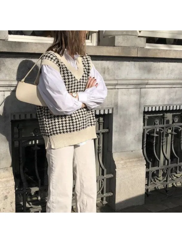 Houndstooth V-neck Knitted Vest Sweaters