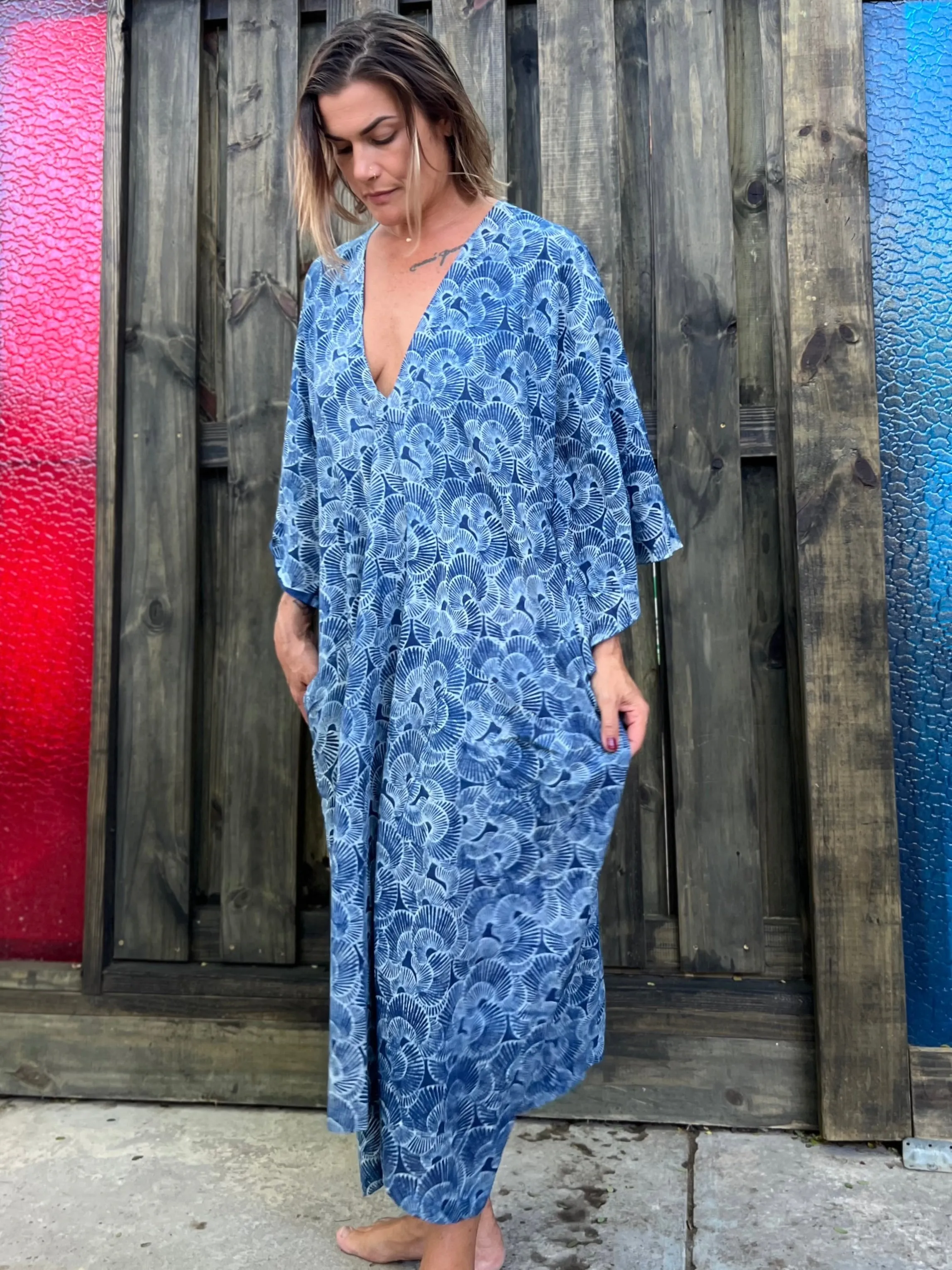 Indigo Seashells | Handblock Cotton Caftan