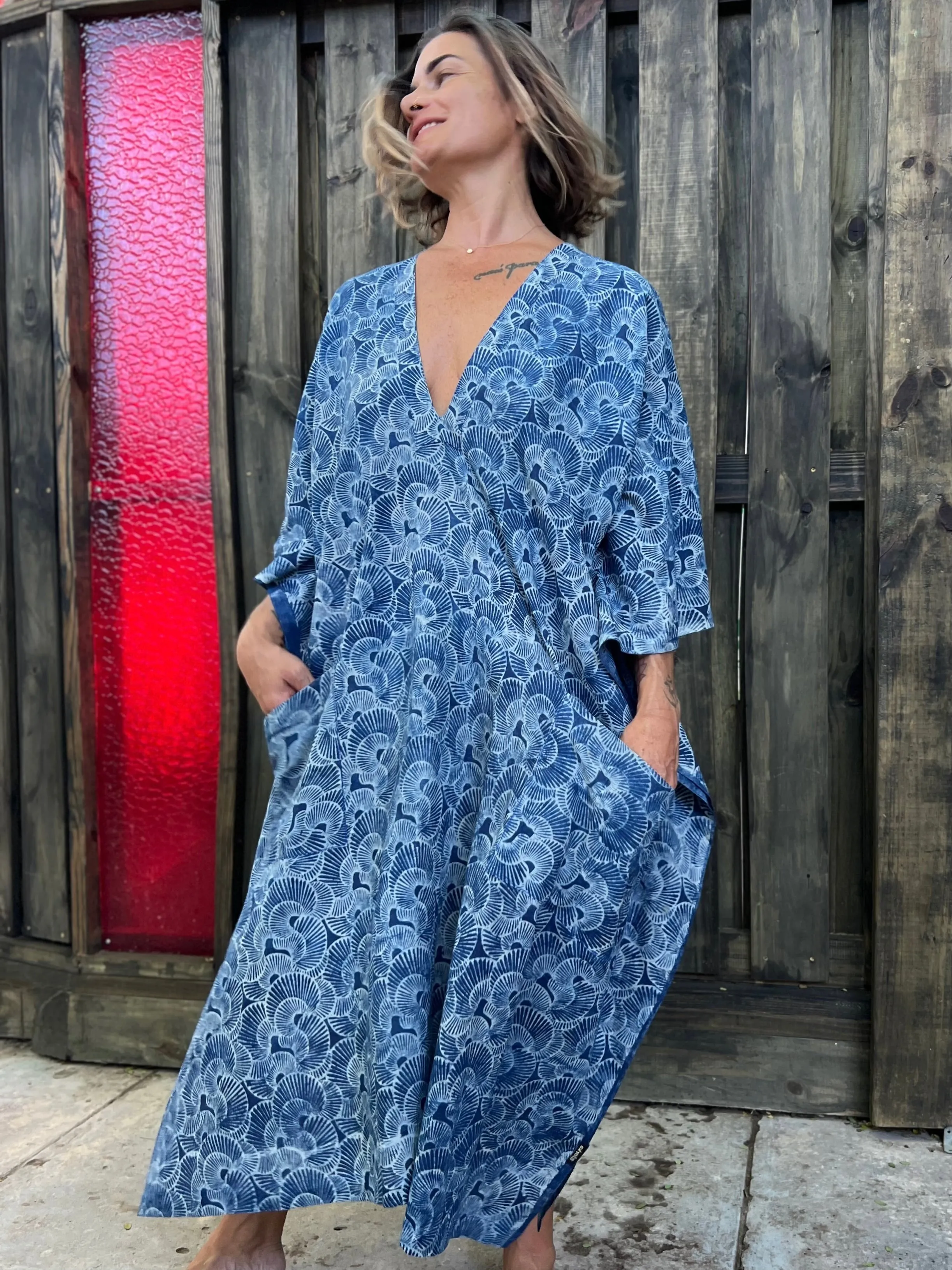 Indigo Seashells | Handblock Cotton Caftan