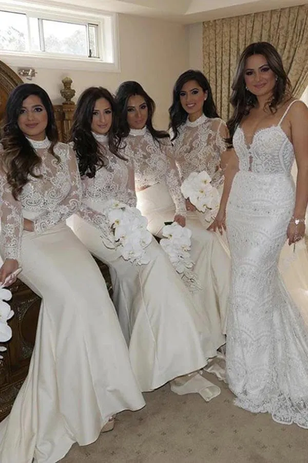Ivory Mermaid Satin High Neck Long Sleeves Bridesmaid Dress With Lace, MBD226