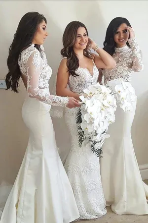 Ivory Mermaid Satin High Neck Long Sleeves Bridesmaid Dress With Lace, MBD226