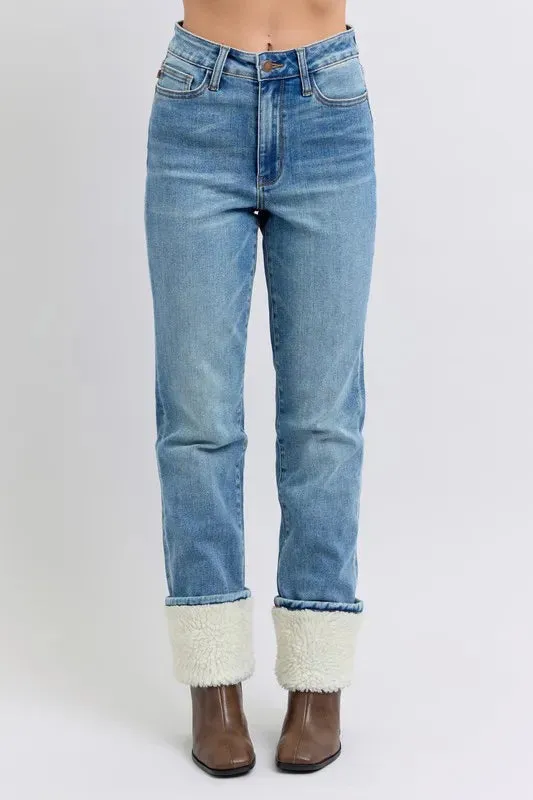 Judy Blue Full Size High Waist Shearling Cuff Straight Plus Size