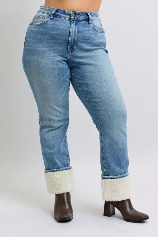 Judy Blue Full Size High Waist Shearling Cuff Straight Plus Size