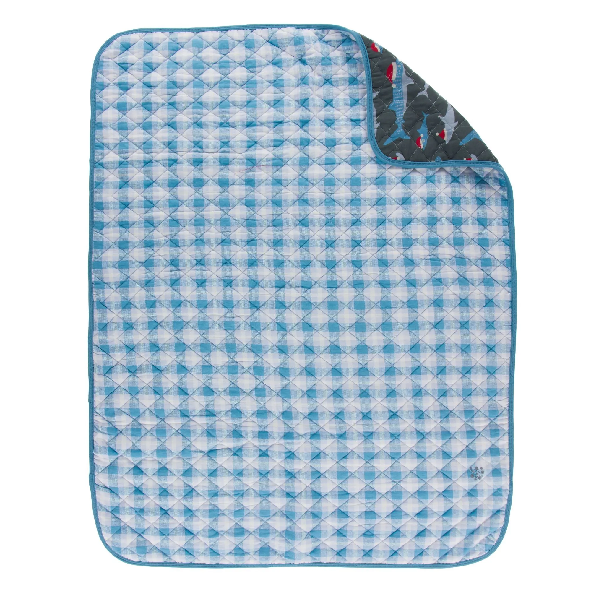 KicKee Pants Blue Moon 2020 Holiday Plaid / Pewter Santa Sharks Quilted Toddler Blanket