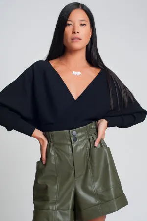 Knitted Sweater With Wrapped V-Neck in Black