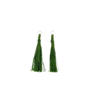 Kumihimo Braided Forest Green Natural Silk Tassel Boho Pierced Earring Enhancer- Sterling Silver 2 Inch
