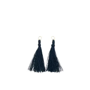 Kumihimo Braided Jet Black Natural Silk Tassel Boho Pierced Earring Enhancer- 14K Yellow Gold 1 3/4 Inch