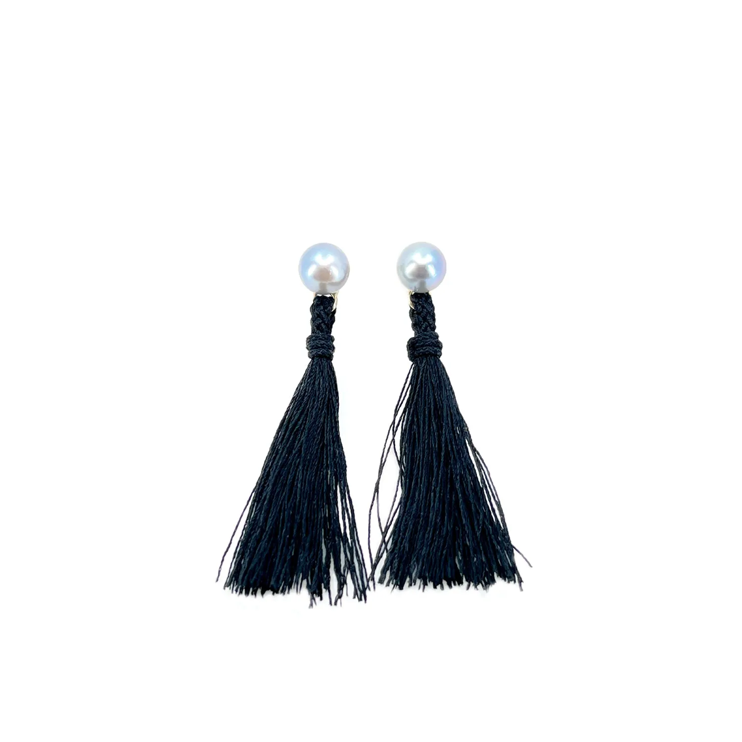 Kumihimo Braided Jet Black Natural Silk Tassel Boho Pierced Earring Enhancer- 14K Yellow Gold 1 3/4 Inch