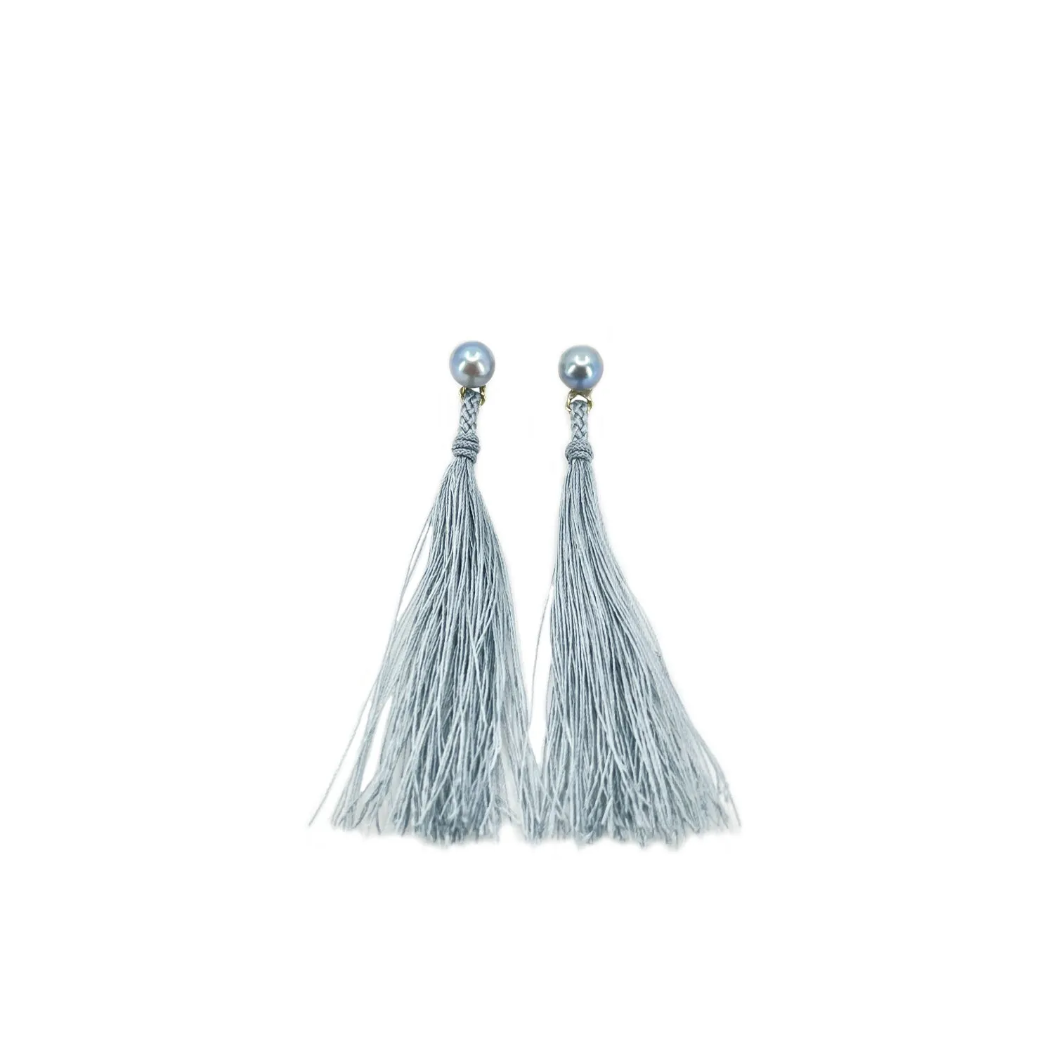 Kumihimo Braided Light Gray Natural Silk Tassel Boho Pierced Earring Enhancer- 14K Yellow Gold 3 Inch