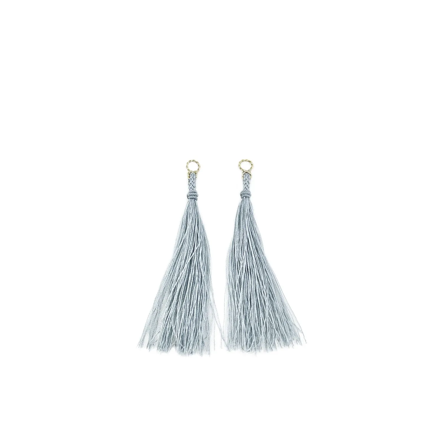 Kumihimo Braided Light Gray Natural Silk Tassel Boho Pierced Earring Enhancer- 14K Yellow Gold 3 Inch