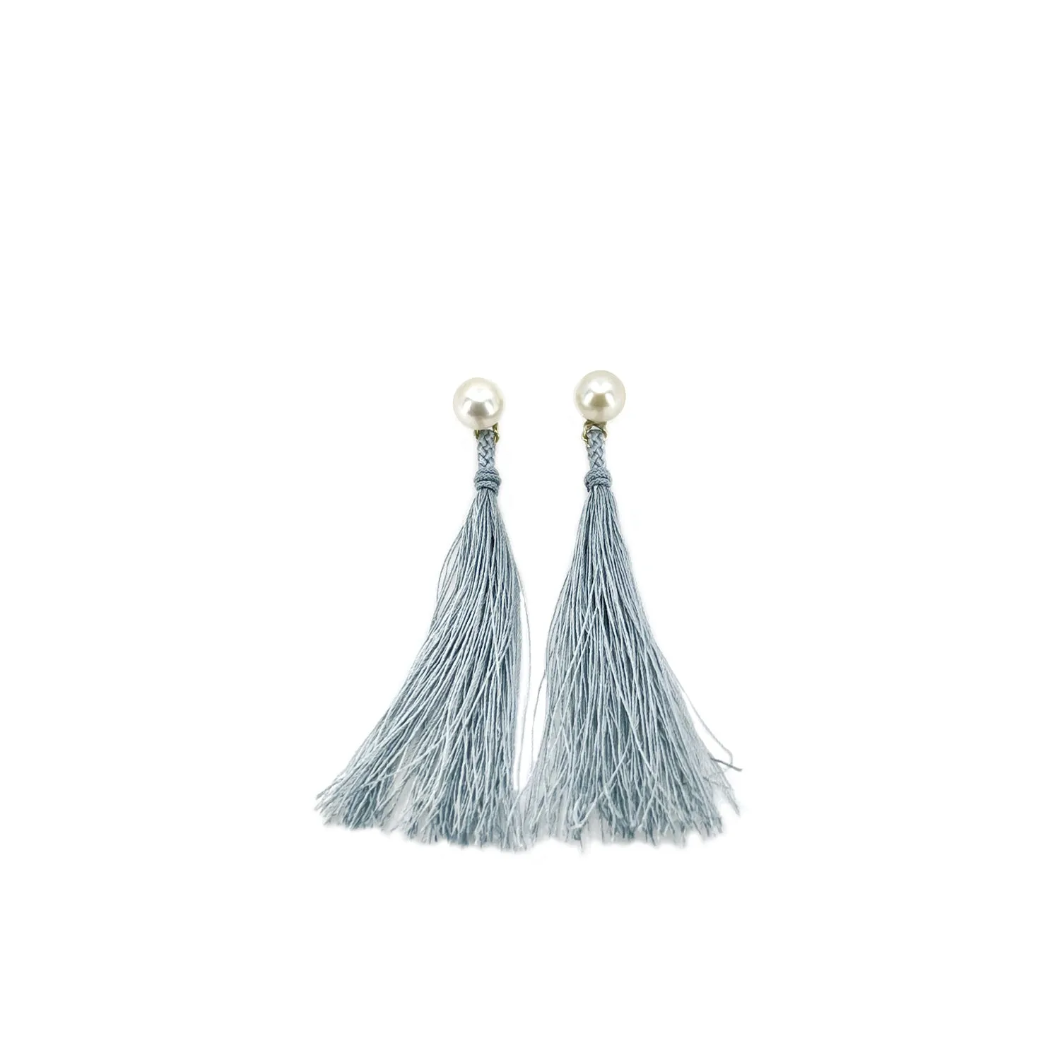 Kumihimo Braided Light Gray Natural Silk Tassel Boho Pierced Earring Enhancer- 14K Yellow Gold 3 Inch