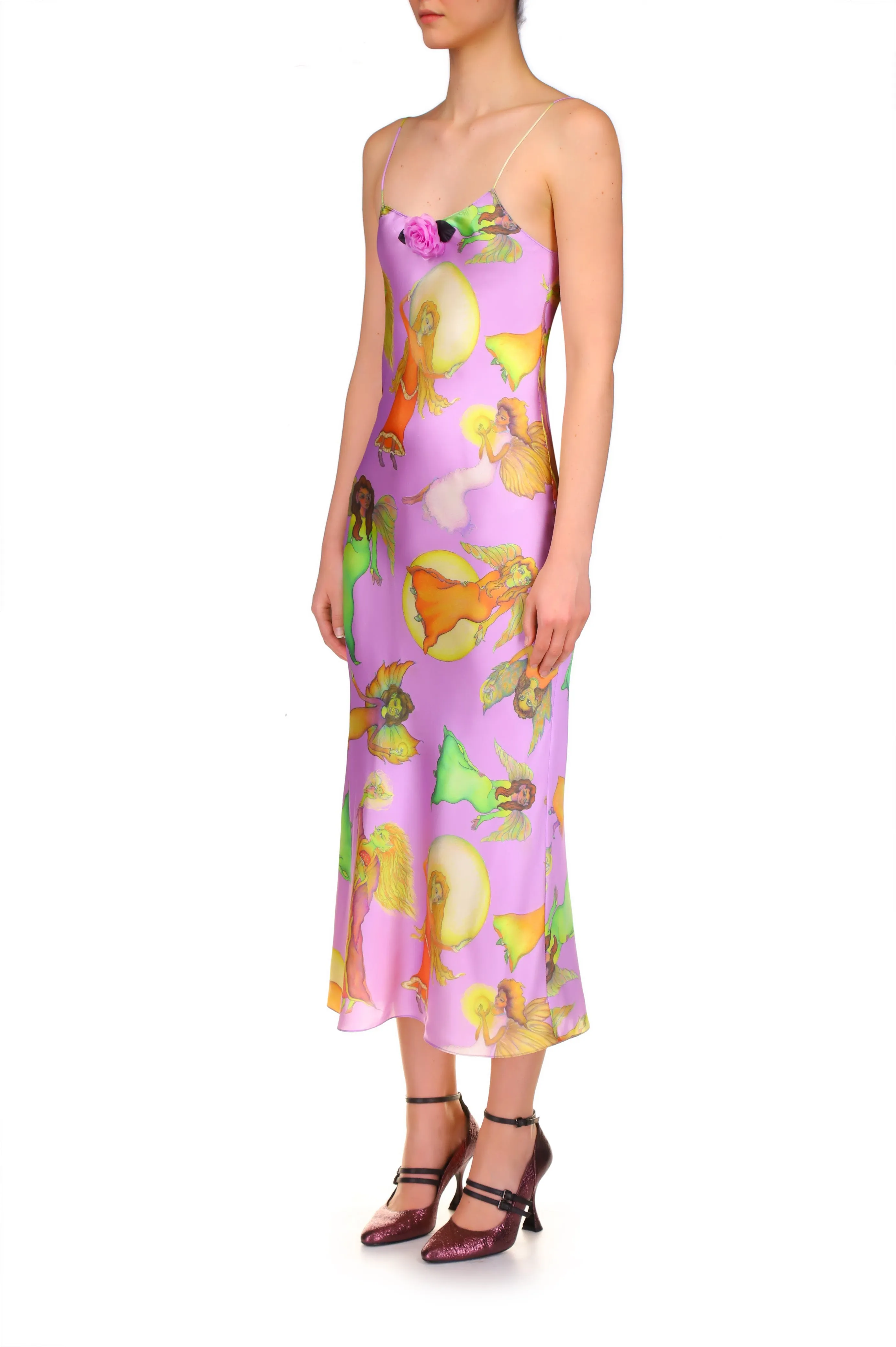Lavender Fairy Printed Silk Satin Bias Slip Dress