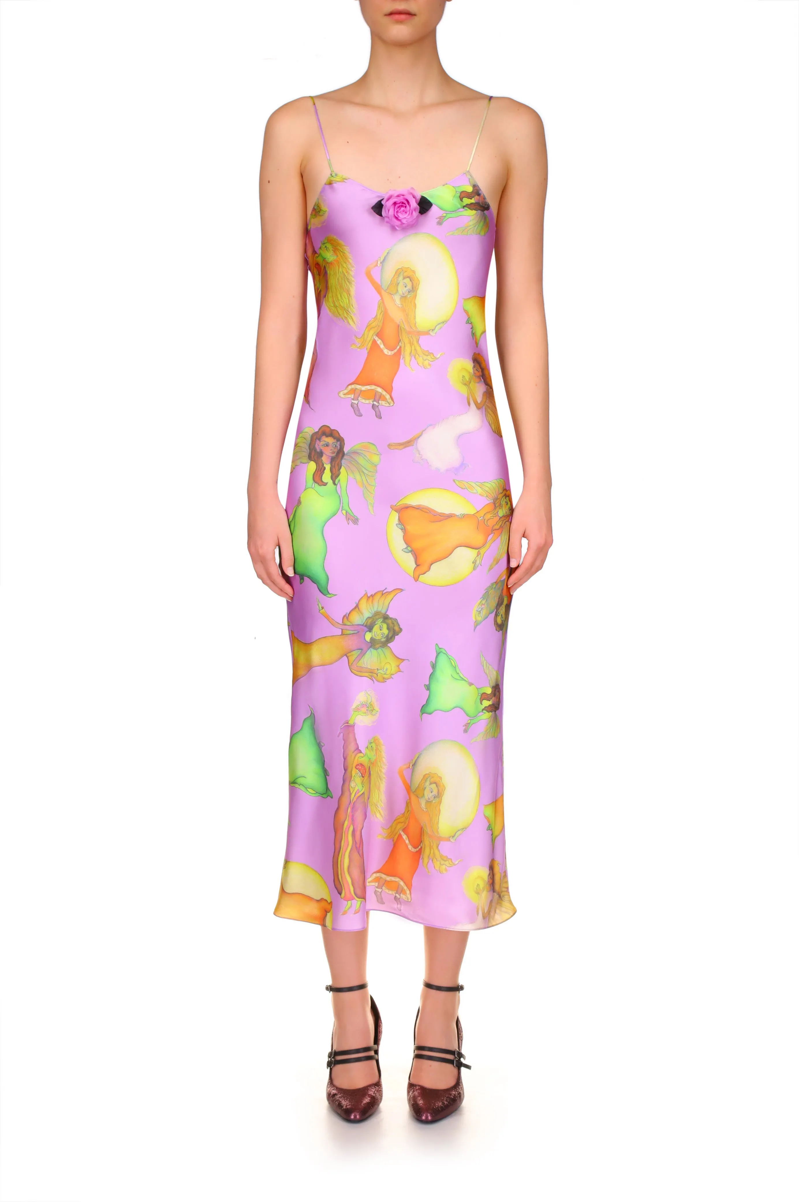 Lavender Fairy Printed Silk Satin Bias Slip Dress