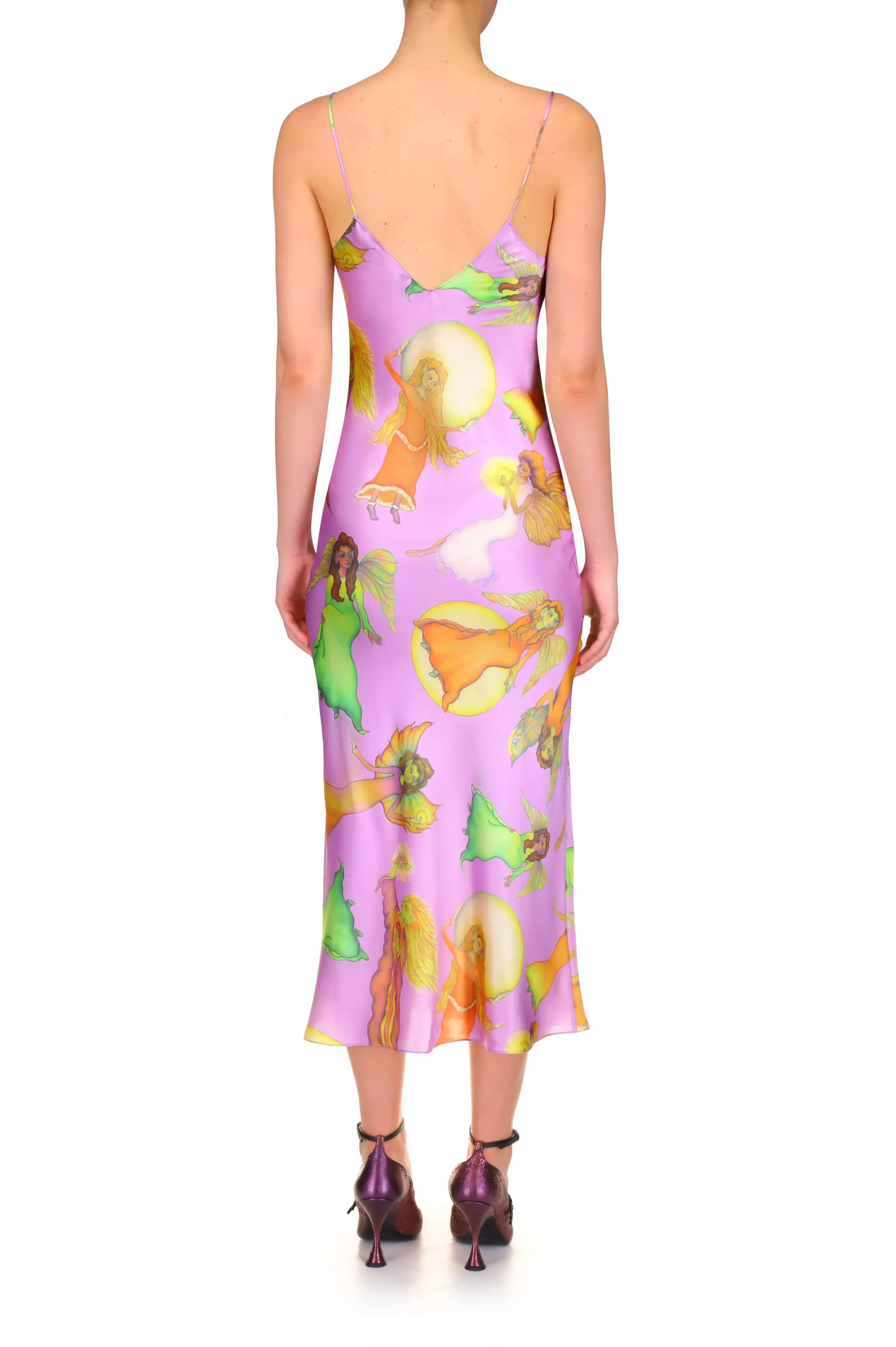 Lavender Fairy Printed Silk Satin Bias Slip Dress