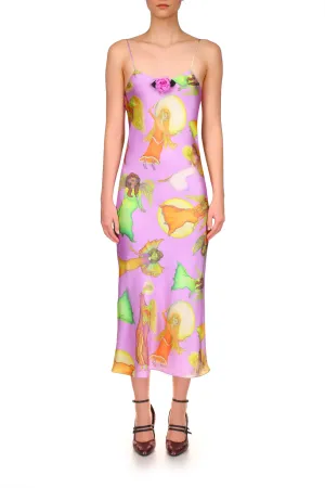 Lavender Fairy Printed Silk Satin Bias Slip Dress