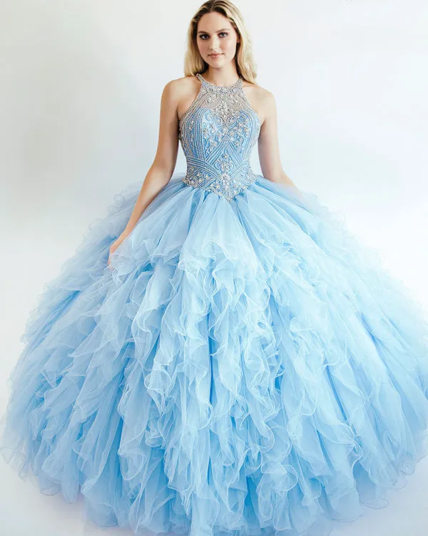 Light Blue Tulle Quinceanera Dresses Halter Beaded Party Ball Gown Ruffles Sweet 16 Dress
