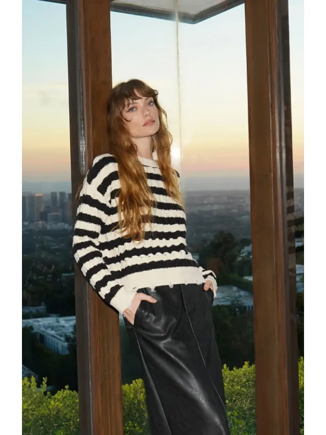 LNA Devi Sweater in Black/Ivory Stripe