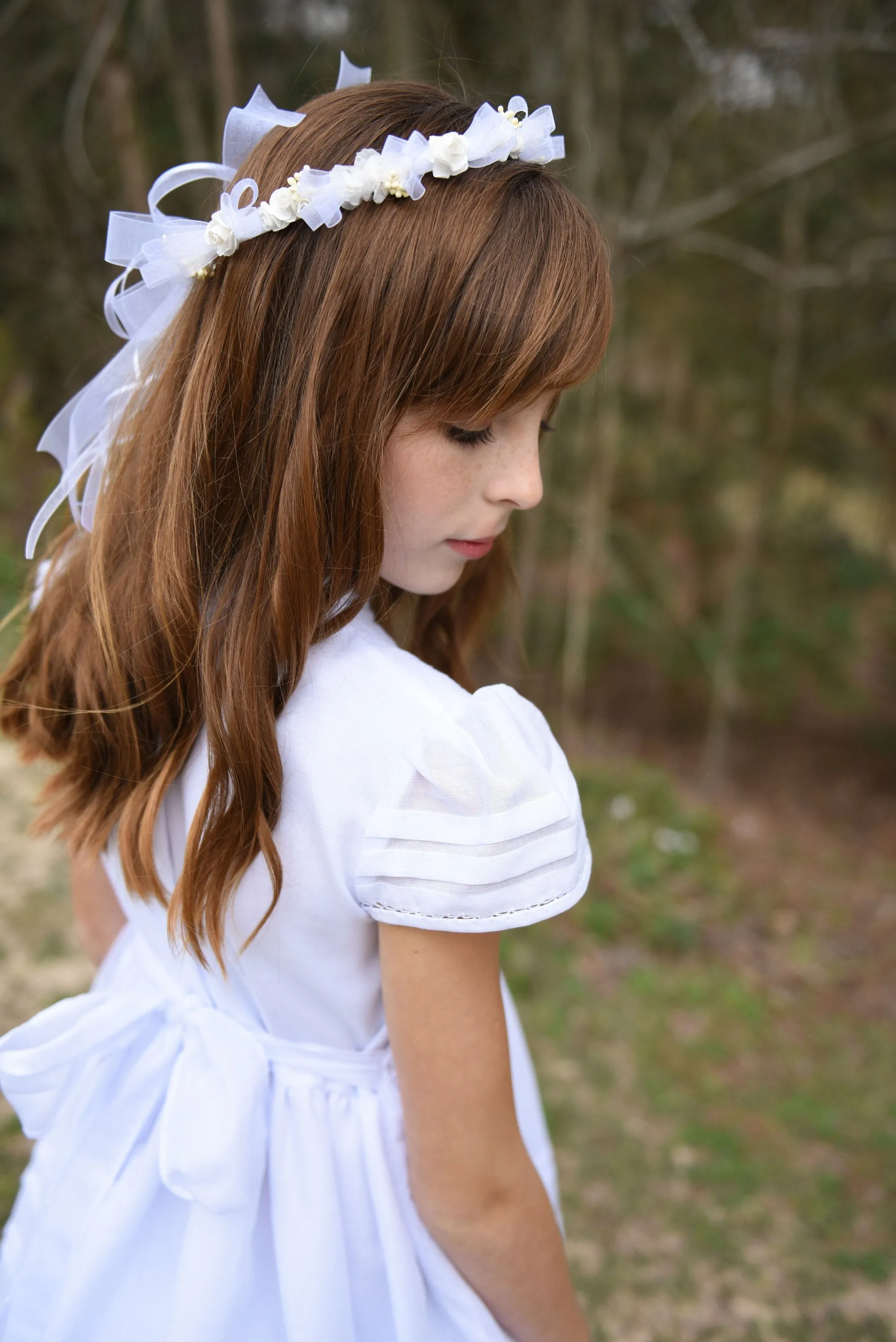 Long First Communion Dress Cotton Fabric, Hand Made,  Smocked Dresses with petticoat included, add  Head Piece and Veil