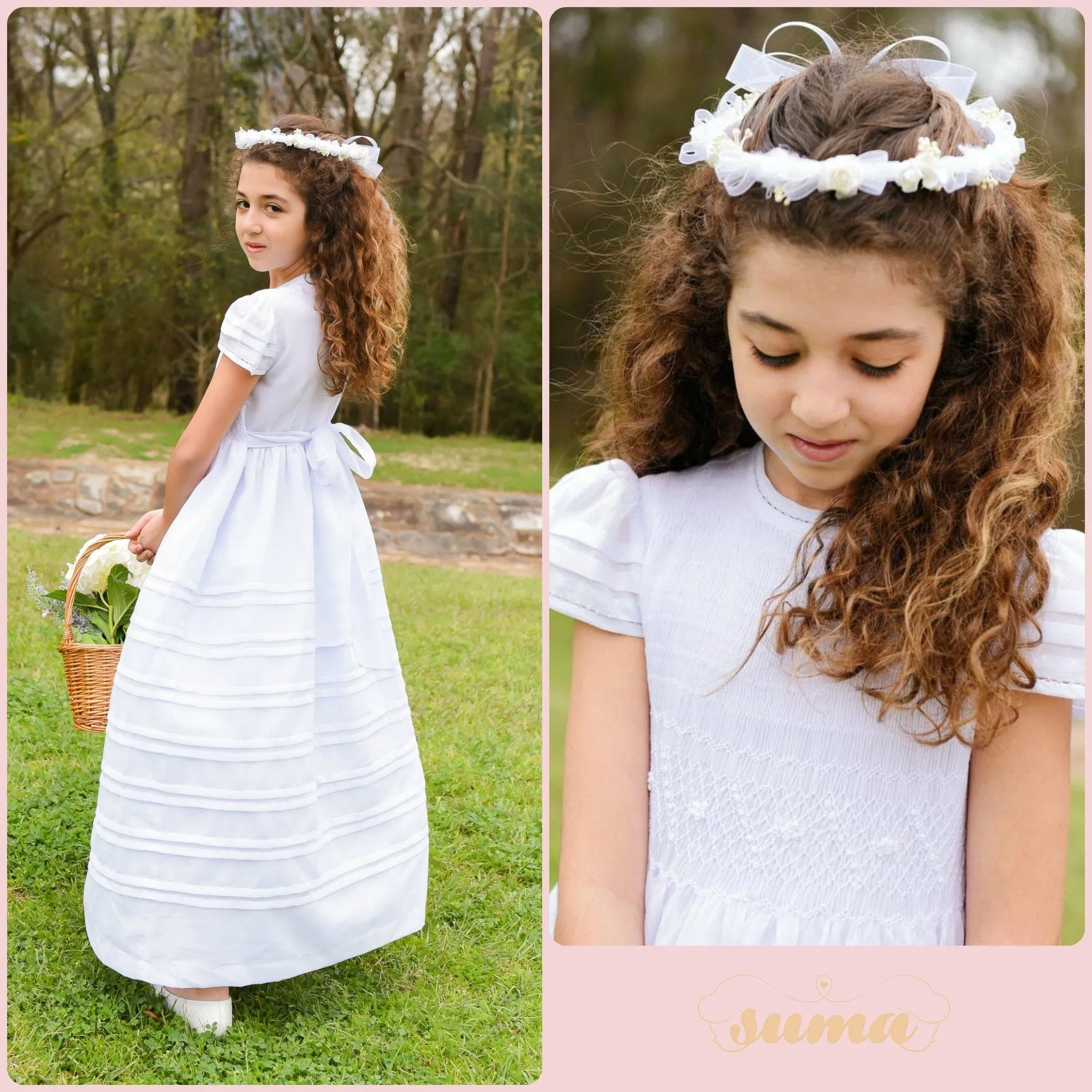 Long First Communion Dress Cotton Fabric, Hand Made,  Smocked Dresses with petticoat included, add  Head Piece and Veil