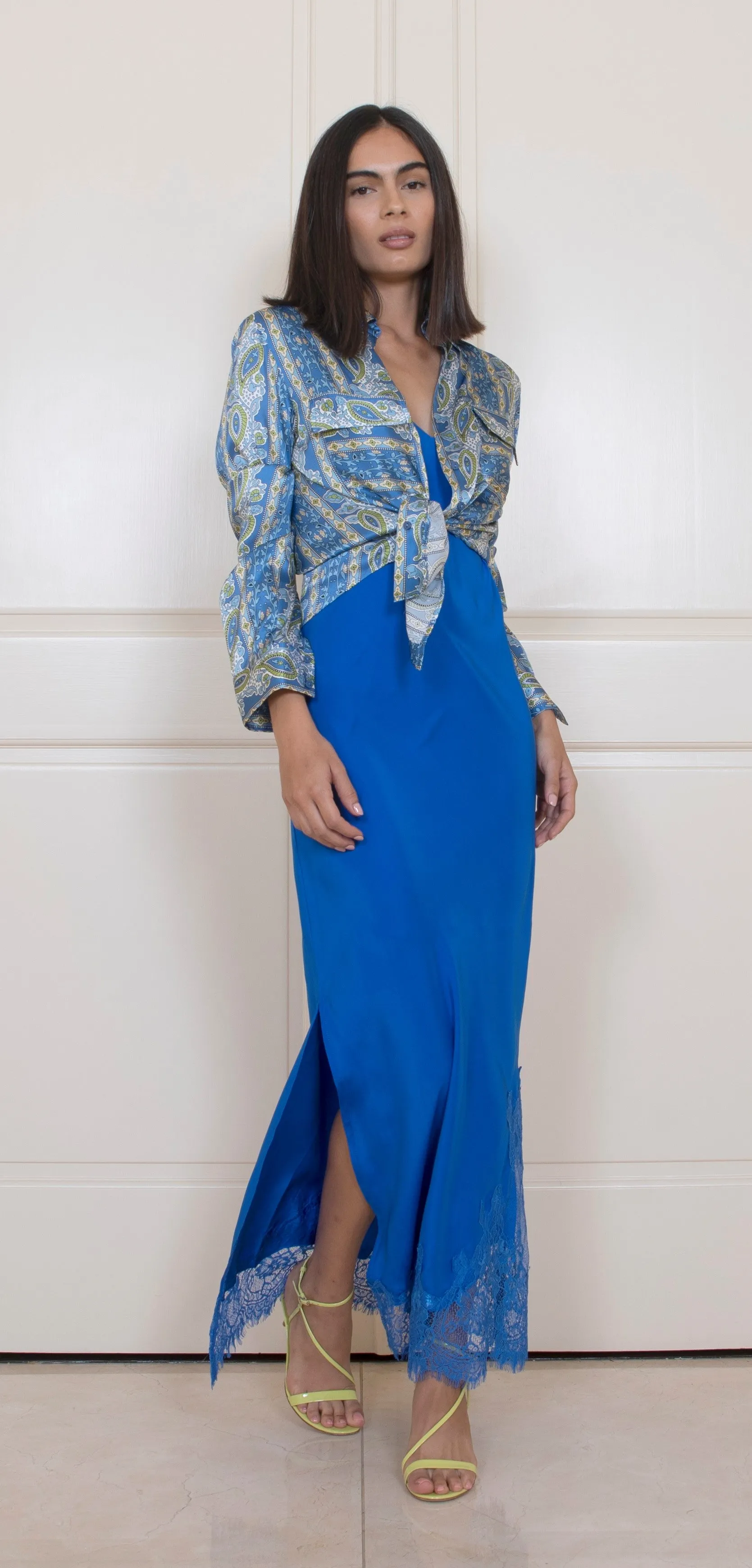 Long Silk Lace Slip Dress True Blue