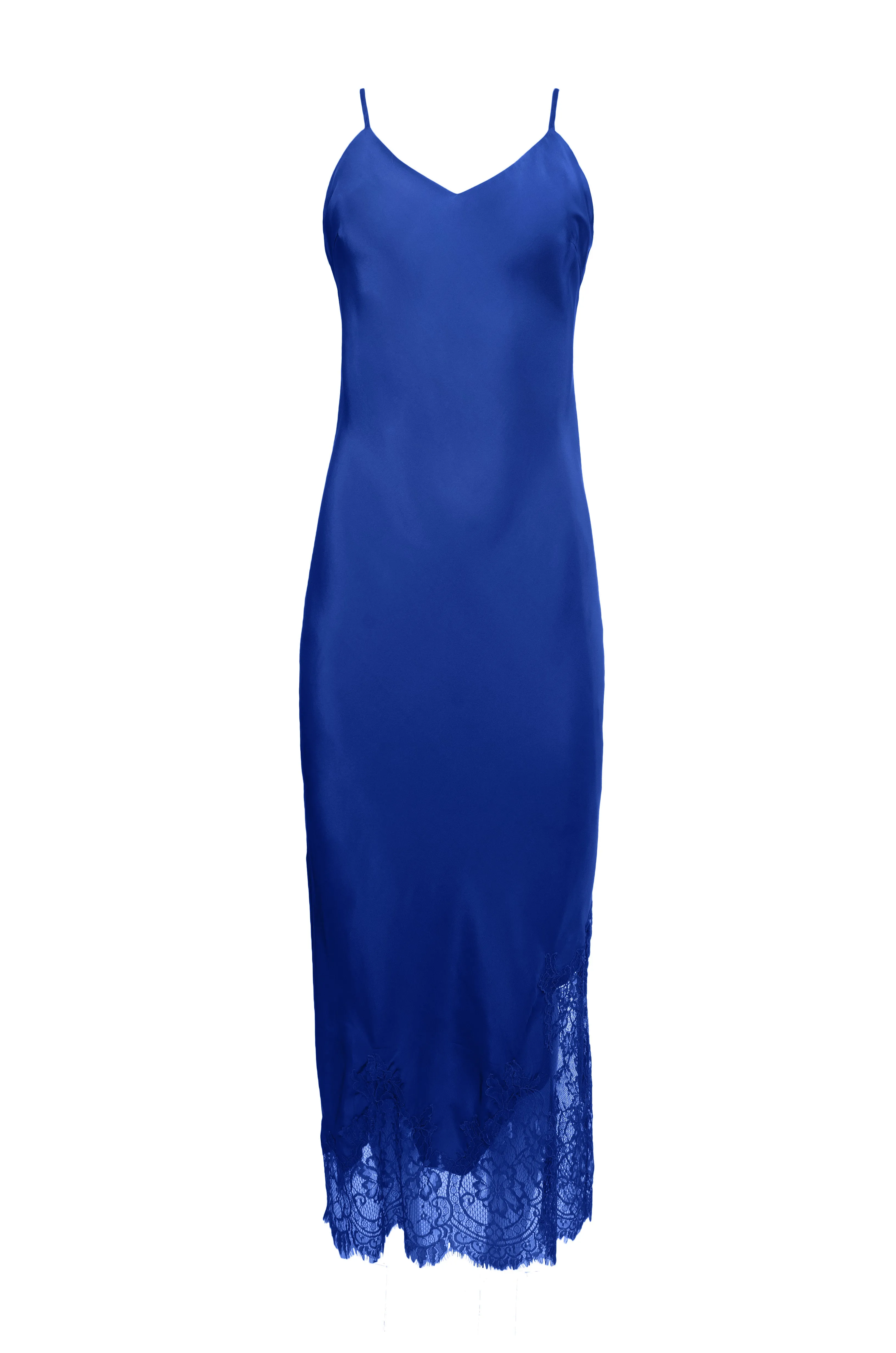 Long Silk Lace Slip Dress True Blue