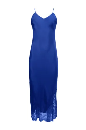 Long Silk Lace Slip Dress True Blue