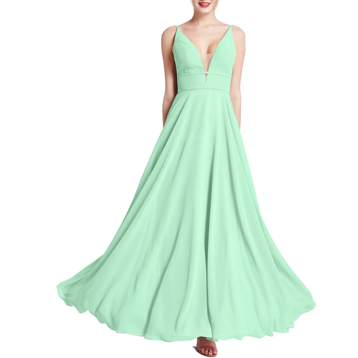 MACloth Women Plunge V Neck Long Elegant Wedding Party Bridesmaid Dresses