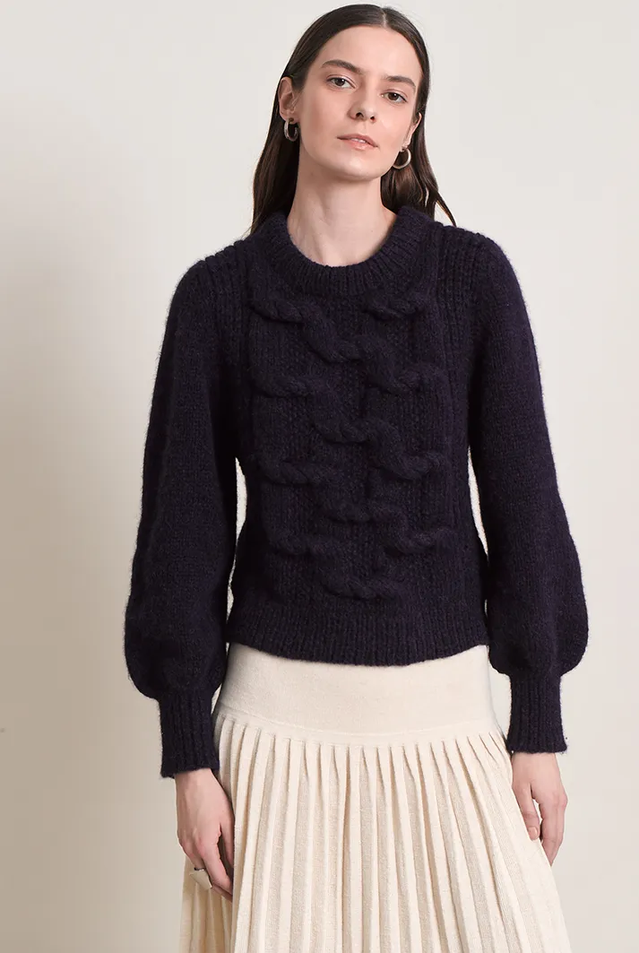 Marlowe Cable Knit Navy Crew Sweater