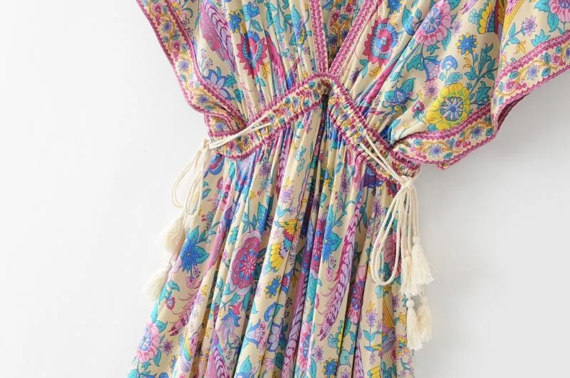 MARYANNE Boho Floral Peacock Print Long Dress