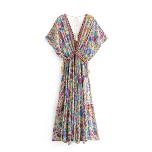 MARYANNE Boho Floral Peacock Print Long Dress
