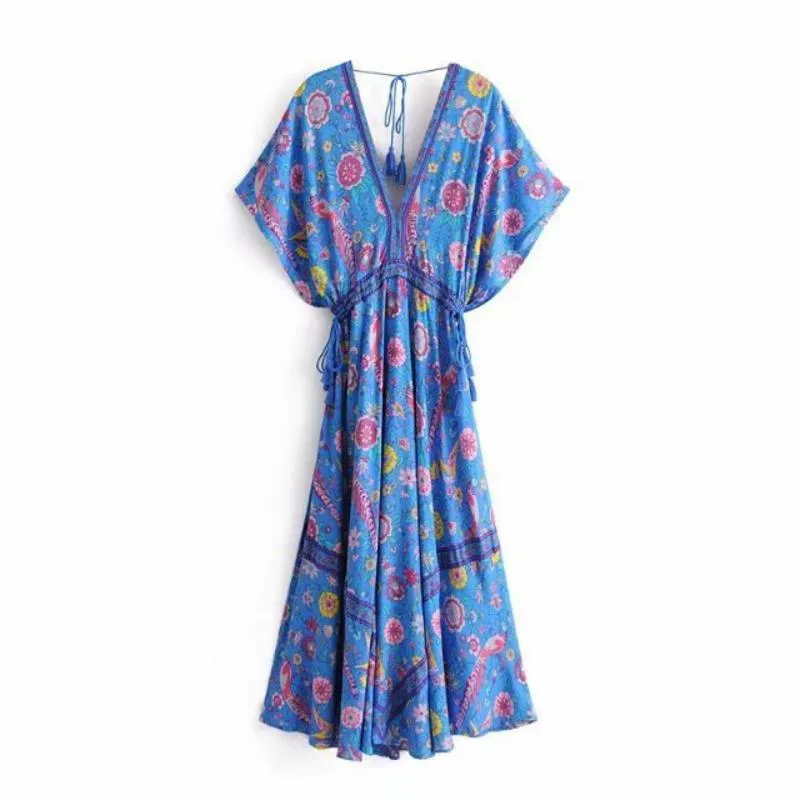 MARYANNE Boho Floral Peacock Print Long Dress