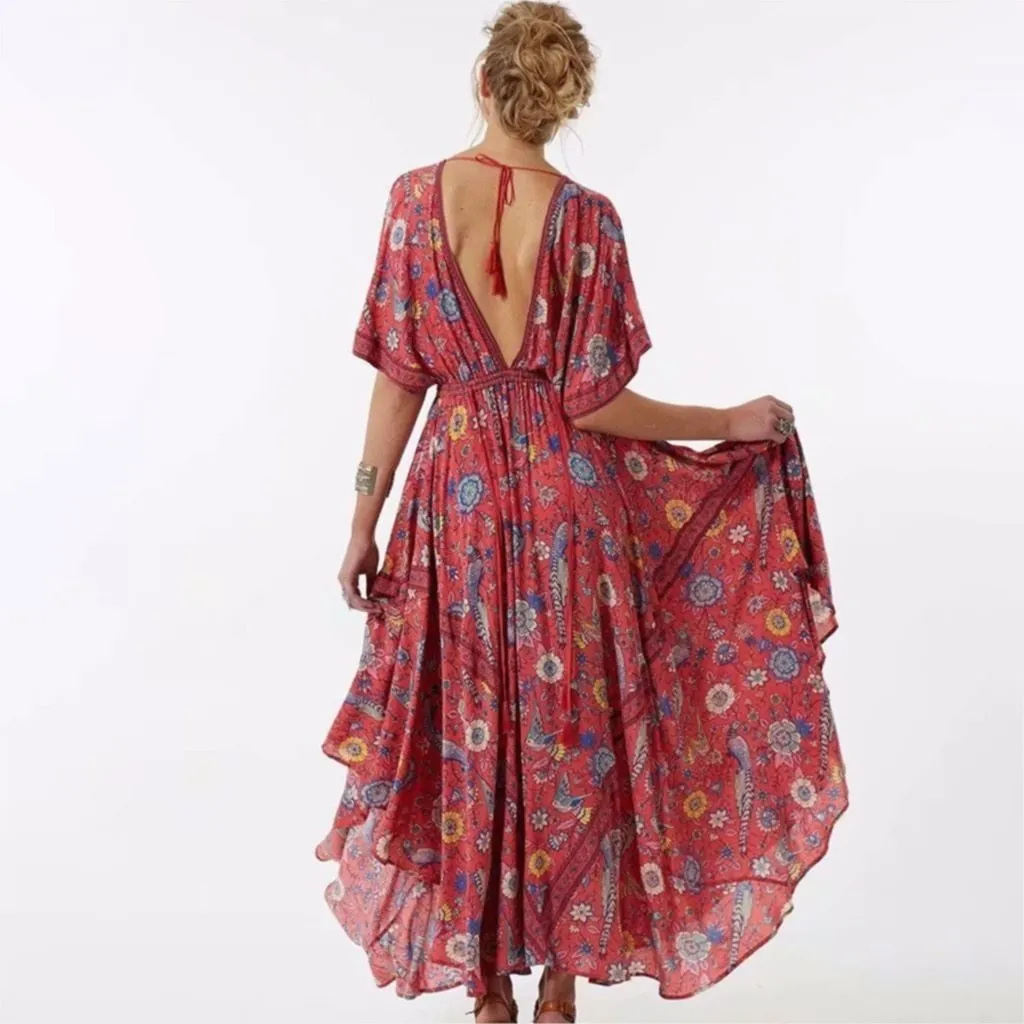 MARYANNE Boho Floral Peacock Print Long Dress