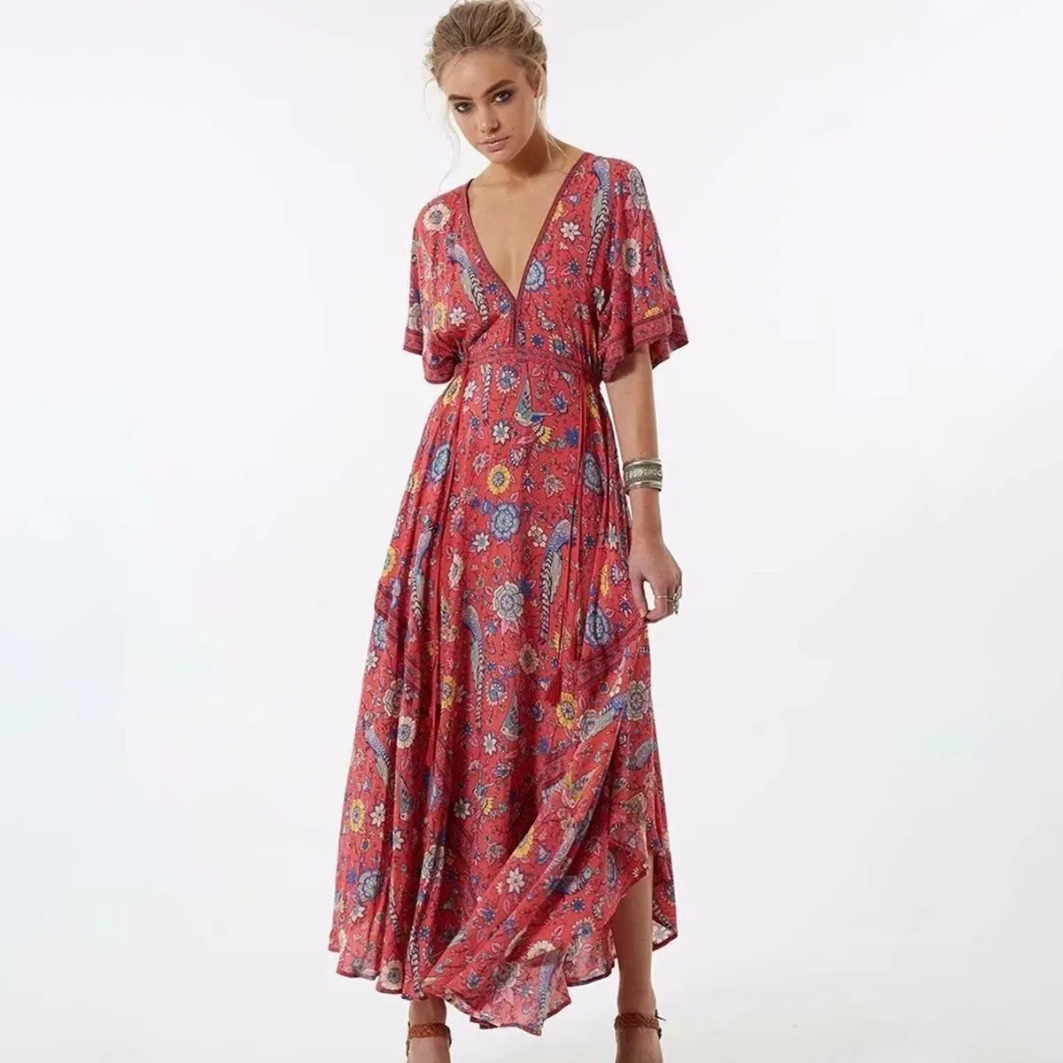 MARYANNE Boho Floral Peacock Print Long Dress