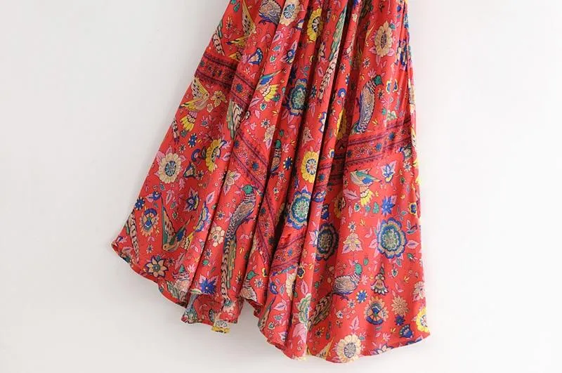 MARYANNE Boho Floral Peacock Print Long Dress
