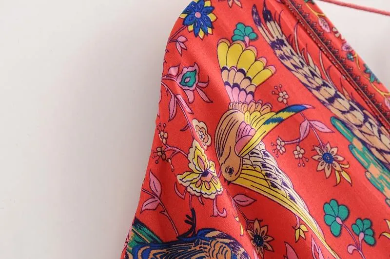 MARYANNE Boho Floral Peacock Print Long Dress