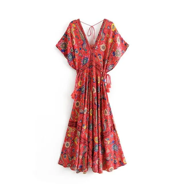 MARYANNE Boho Floral Peacock Print Long Dress
