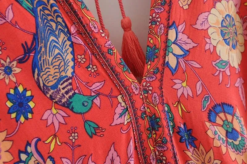 MARYANNE Boho Floral Peacock Print Long Dress