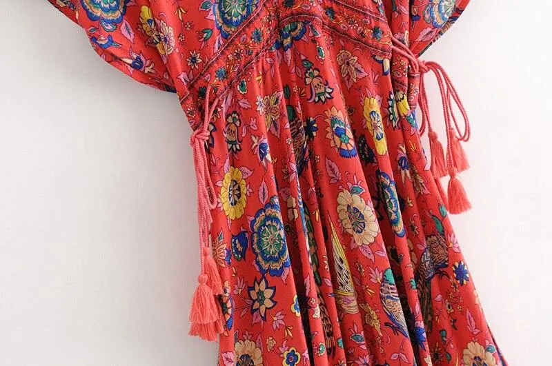 MARYANNE Boho Floral Peacock Print Long Dress