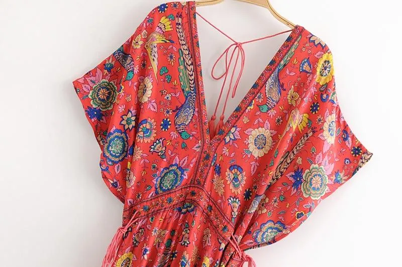 MARYANNE Boho Floral Peacock Print Long Dress