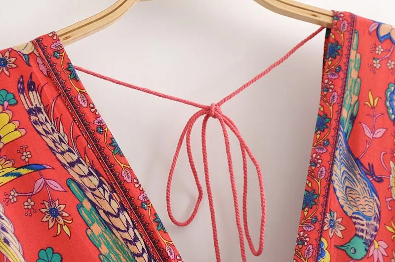 MARYANNE Boho Floral Peacock Print Long Dress