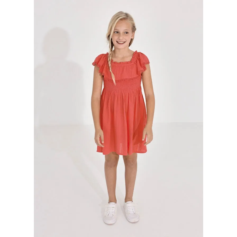 Mayoral Coral Smocked Ruffle Dress