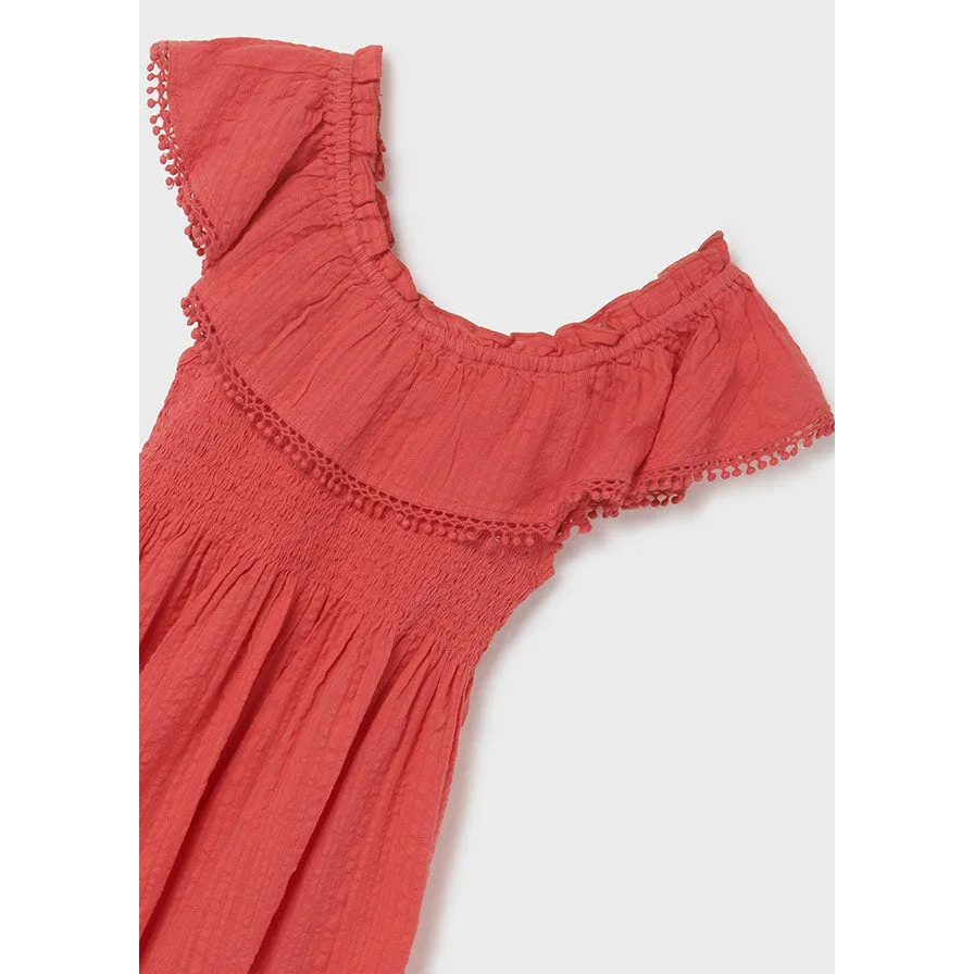 Mayoral Coral Smocked Ruffle Dress