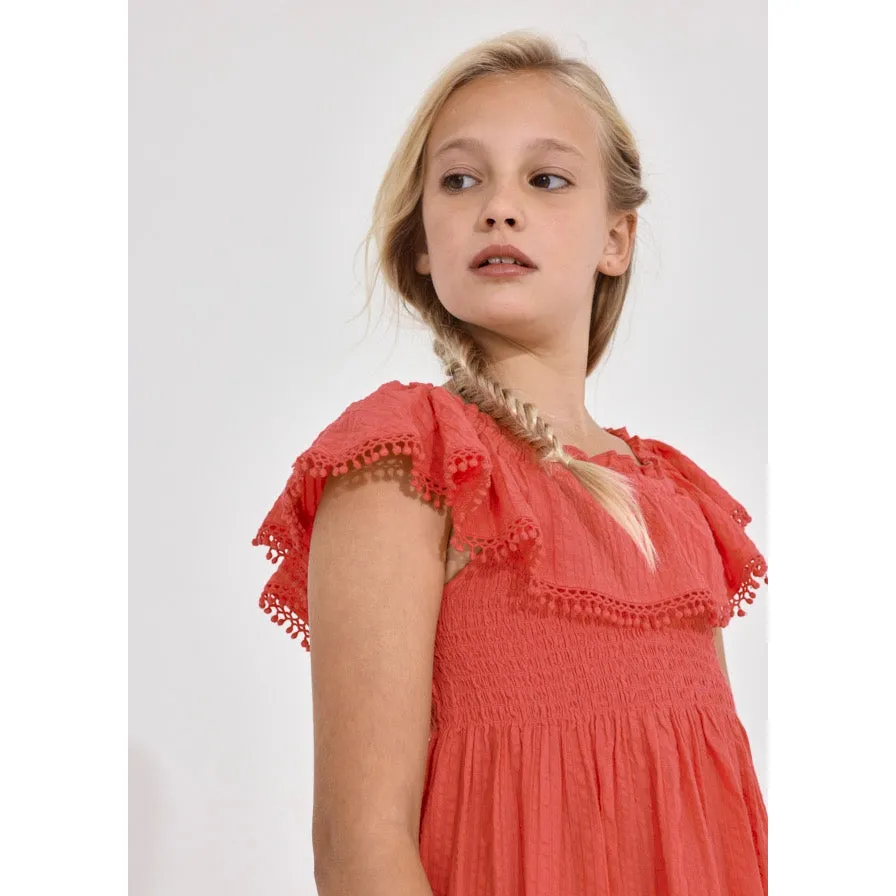 Mayoral Coral Smocked Ruffle Dress