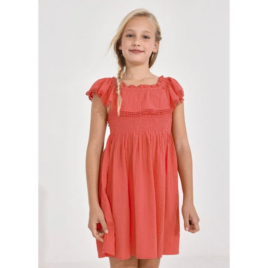 Mayoral Coral Smocked Ruffle Dress
