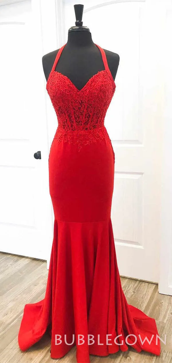 Mermaid Red Satin Appliques Lace Long Evening Prom Dresses, Cheap Custom Prom Dresses, MR7967
