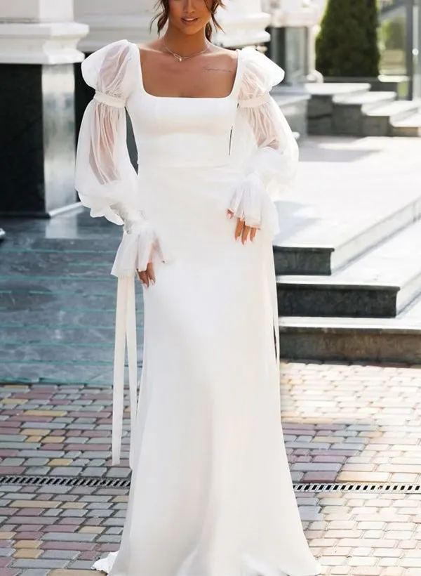 Mermaid Square Neckline Long Sleeves Satin Wedding Dresses