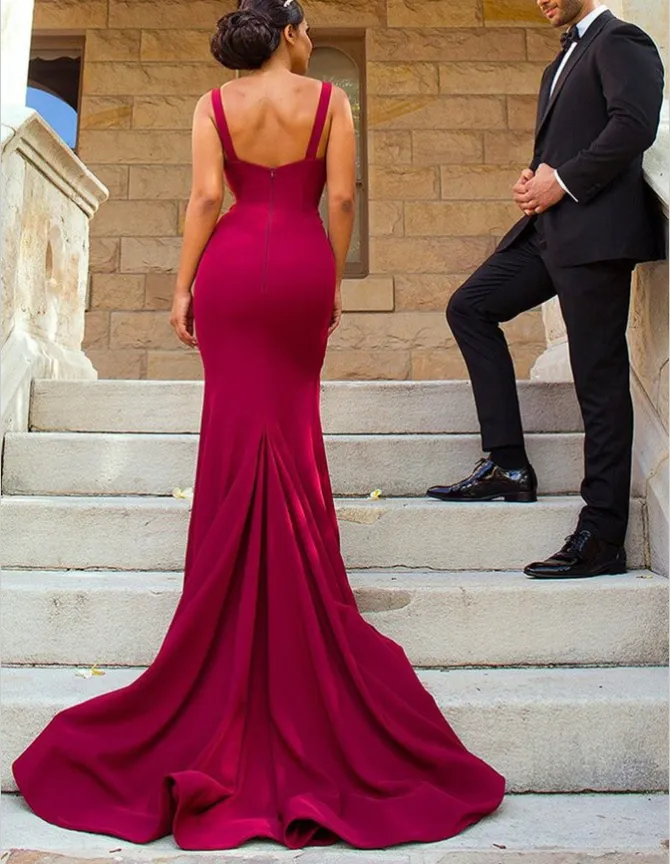 Mermaid V-Neck Red Satin Bridesmaid Dresses with Ruffles&Split, TYP1313